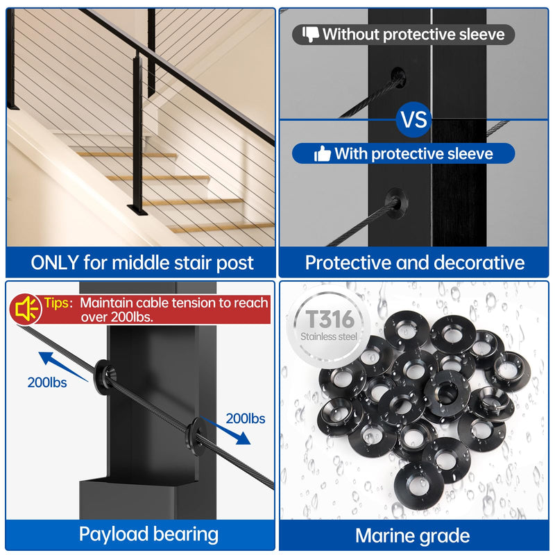 Muzata 40Pack Black Cable Railing Hardware Angle Protector Sleeve CR79 40P Black For Stairs