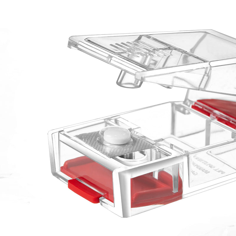 MAXSPLIT Pill Splitter and Cutter with Pill Puncher - Cuts Small and Large Pills, Vitamins, or Tablets with Stainless Steel Blade - Non-Slip Press Point Pill Splitter (Red)