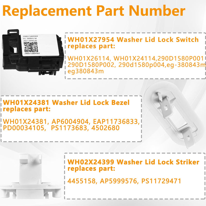 (𝟐𝟎𝟐𝟓 𝐔𝐩𝐠𝐫𝐚𝐝𝐞𝐝) WH01X27954 Washer Lid Lock Switch WH01X24381 Washer Lid Lock Bezel WH02X24399 Washer Lid Lock Striker - Compatible with GE Hotpoint Top Load Washer Replacement (3 PACKS)