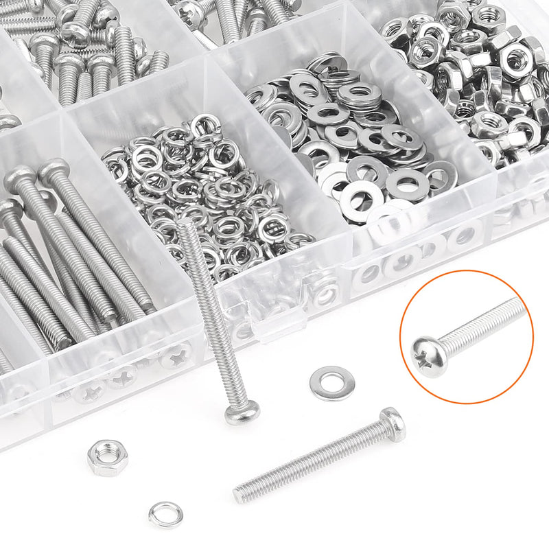 540 Pieces M3 x 6mm /8mm /12mm /16mm /20mm /25mm /30mm, Phillips Pan Head Machine Screws, Metric Screws Bolts Washers Nuts Kit, 304 Stainless Steel