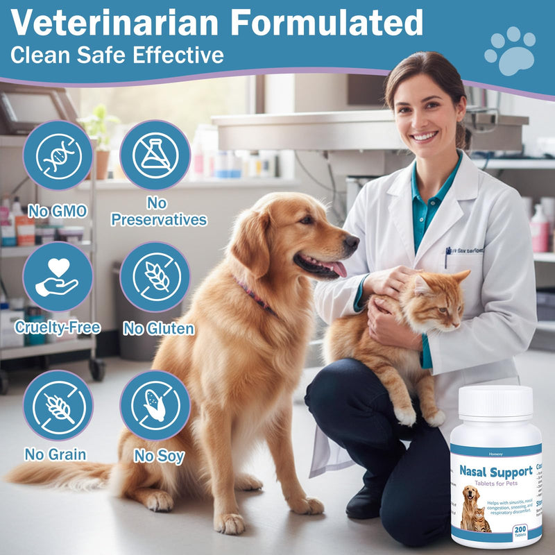 Nasal Congestion Relief for Cats and Dogs, Sinus Support Supplement for Pets, Congestion and Sneezing Relief & Clear Breathing Respiratory Comfort, Natural Formula for Cats and Dogs 200 Tablets
