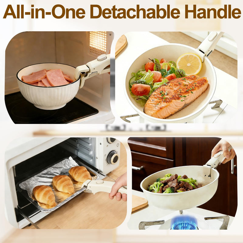 Removable Pot and Pan Handle - Detachable Cookware Handle with Quick-Release Button, Space-Saving Universal Handle for Most Cookware, Sturdy & Durable, Ivory White, 2 Pack