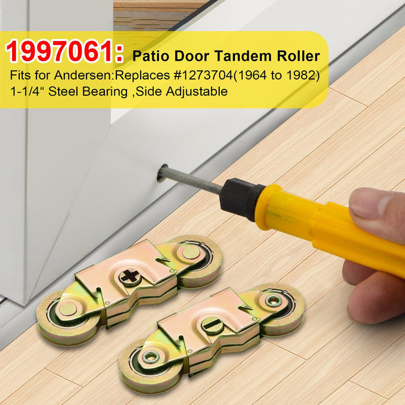 2 Pack Sliding Patio Door Tandem Roller Assembly Fits for Andersen 1997061 (1982 to P) & Replaces 1273704 (1964 to 1982), 1-1/4" Steel Ball Bearing Wheels, Side Adjustable