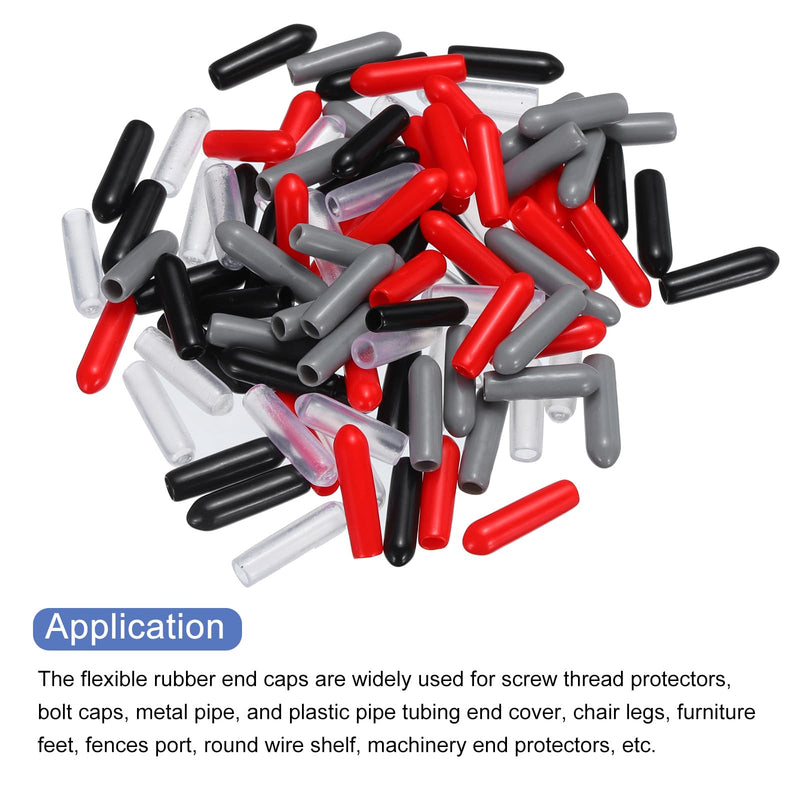 uxcell 100pcs Rubber End Caps 3mm(1/8") ID Screw Thread Protectors PVC Vinyl Round Tube Bolt Cap Cover, Black Red Grey Clear 100