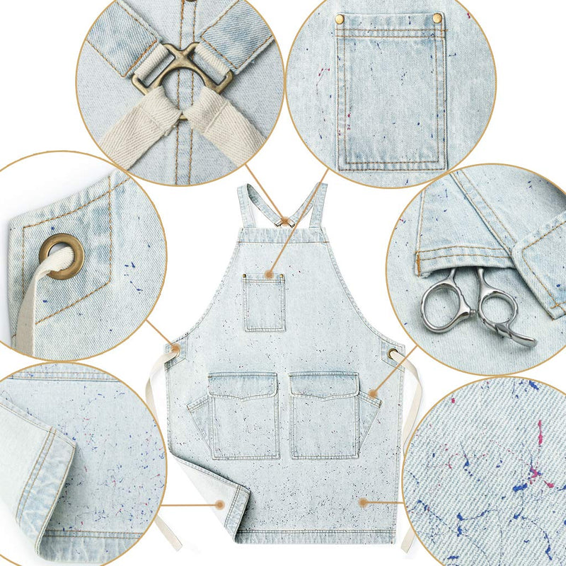 Jeanerlor - Denim Tool Shop Apron with 5 Pockets for Hairstylist with Pockets for Women Cross Straps & Adjustable S to M (Light Blue) Medium Light Blue