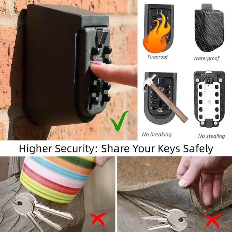 Indoor & Outdoor Key Lock Box Wall Mounted Push Button Combination Key Safe Storage Security Lock Box with Black Rubber Cover & Wall Bolt Fixings for 5 to 7 Mortise Style Keys