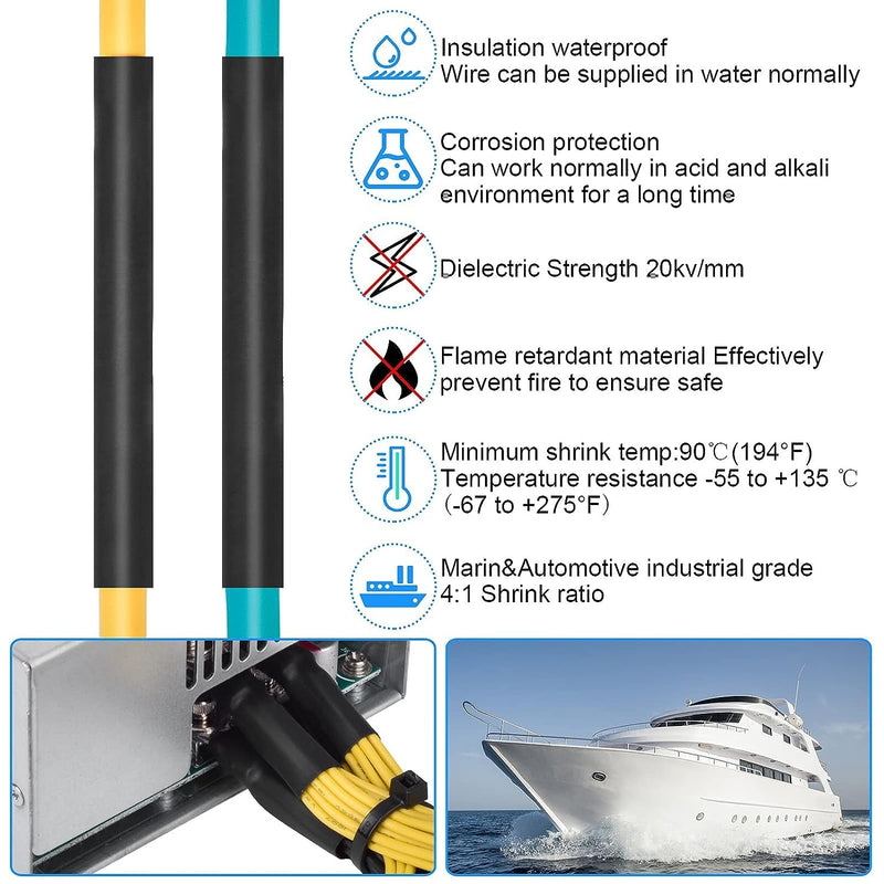 Heat Shrink Tubing 4:1 Dual Wall Adhesive Lined 10 Ft Long,Marine Grade Heat Shrink,Wire Heat Shrink Tubing Insulation Seal Against Moisture Corrosion and Air Leakage(12mm/10Feet, Black) 12mm/10Feet 1