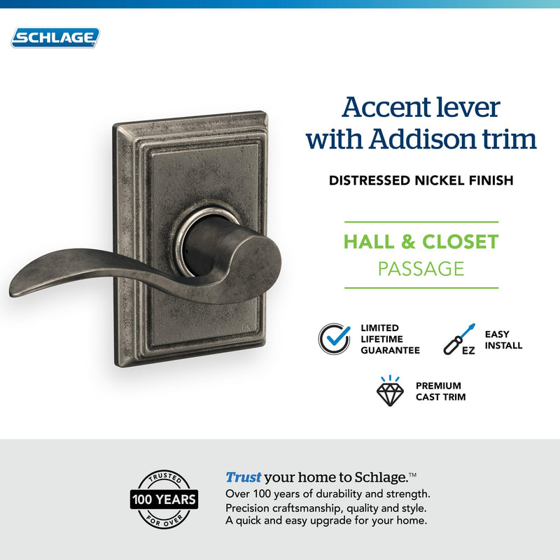 Schlage Lock Company Addison Trim with Accent Hall and Closet Lever, Distressed Nickel (F10 ACC 621 ADD) Passage