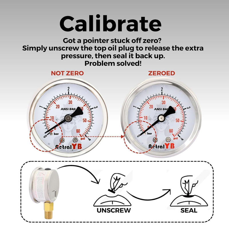 Glycerin-Filled Pressure Gauge,Brass Internal 2-Inch Gauge, Stainless Steel, 1/4" NPT Lower Mount (0-100Psi 2 Pack) 0-100Psi 2 Pack