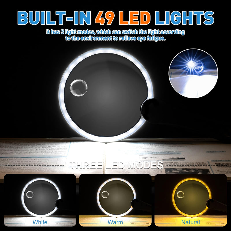 5.2 Inch Large Rechargeable Magnifier with Light, 30X 40X 60X Handheld Magnifying Glass with 49 Anti-Flicker LED Light, Third Gear Dimming Strongest Lighted Magnifier for Seniors Reading Coins 5.2inch Black