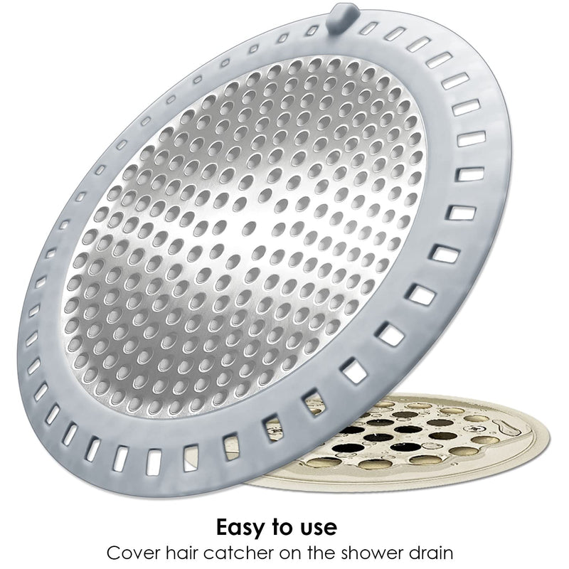 2PCS Shower Drain Hair Catcher/Strainer/Cover/Filter/Trap, Bathtub Catcher, Stopper for Stall Drain/Bathroom Floor Drain, Stainless Steel and Silicone Shield Silver