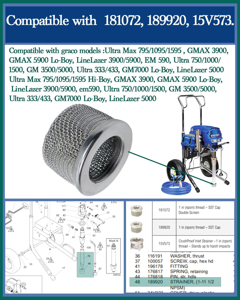 Inlet Strainer, Compatible with Graco Part Numbers 181072, 189920, 15V573 and Models 795, 1095, 1595, 3900, 5900, 5000 Airless Paint Sprayers Replacement Accessories 181072 Inlet Strainer silver