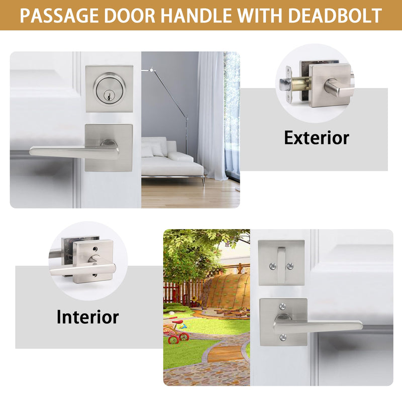 Front Door Lock sSet Front Door Handle and Deadbolt Set,Square Heavy Duty Exterior Door Knob with Deadbolt,Brushed Nickel,1pack 1pack-set Satin Nickel