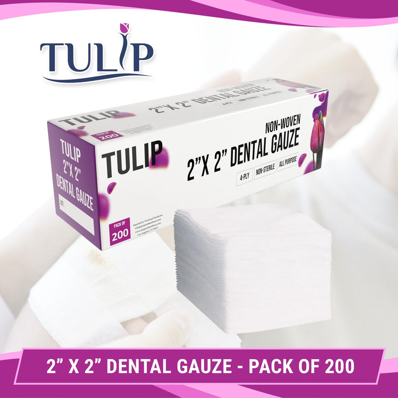 200 Gauze Pads 2x2-4-Ply Non Woven Gauze Sponges - Non Sterile Dental Gauze & Esthetic Wipes - Soft All Purpose Medical Gauze Squares for First Aid Kit, Surgical, Wound Dressing by Tulip 2"x2" (200 Count)