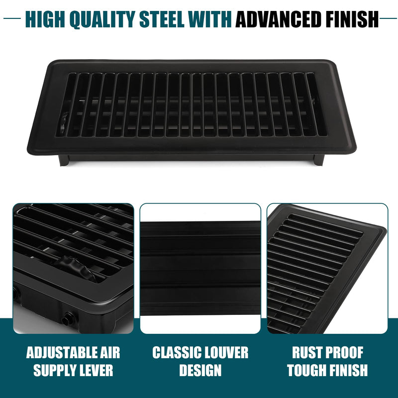 VOISEN Floor Register, 4" x 10" Floor Vents, Steel Adjustable Air Supply Grille Register Vent Cover Grill for Sidewall and Floor(Black) 4"x10"-1 Pack Black