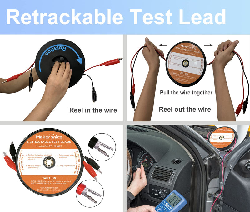 Makeronics 2 Wires 30FT 18AWG Retractable Test Leads with Cable Bag Dual Ended Electrical Alligator Clips Test Probe Lead Wire Cables for Circuit Connection/Electrical Testing and Troubleshooting