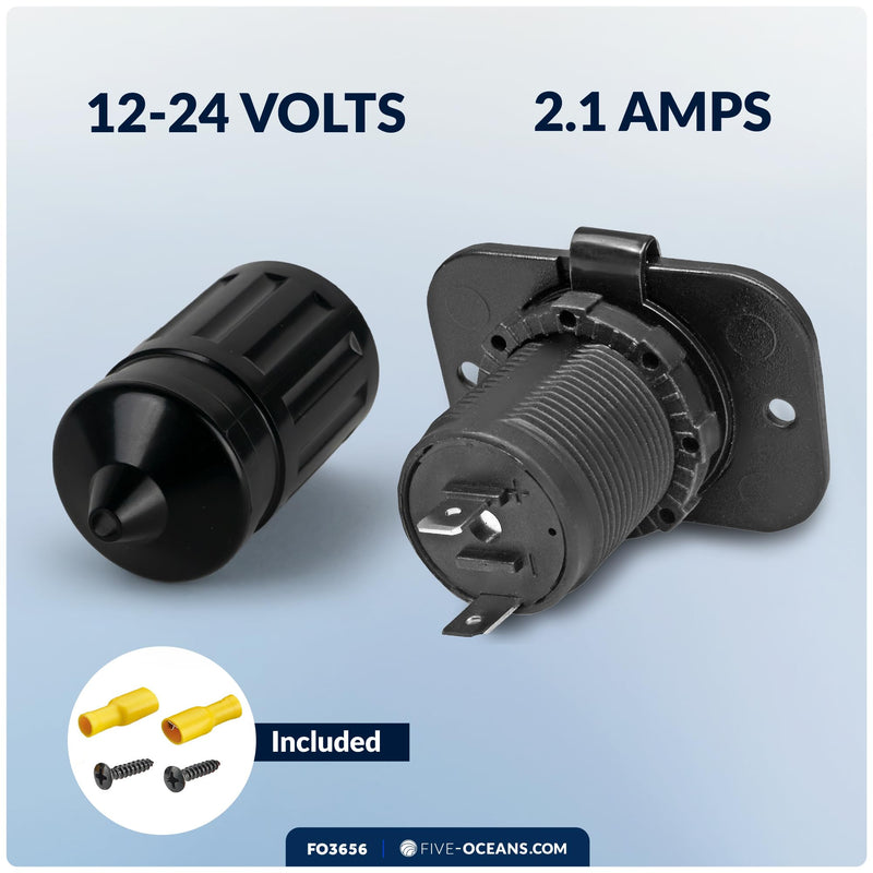 Five Oceans Marine Waterproof Dual Port USB Power Socket, 12 Volts - 24 Volts, UV-Stabilized ABS Plastic, Easy Installation, Sport, Pontoon, Fishing Boats, LED Power Indicator - FO3656