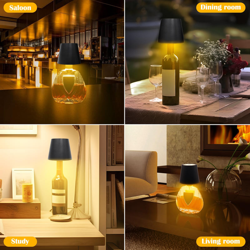 Wireless Bottle Lamp, Adjustable Brightness 3 Color Wine Bottle Light with 2500 mAh Battery, Touch Control Rechargeable Metal Waterproof Table Lamp for Dining Room/Bedroom/Bar, Black Black 3 Color 1PCS