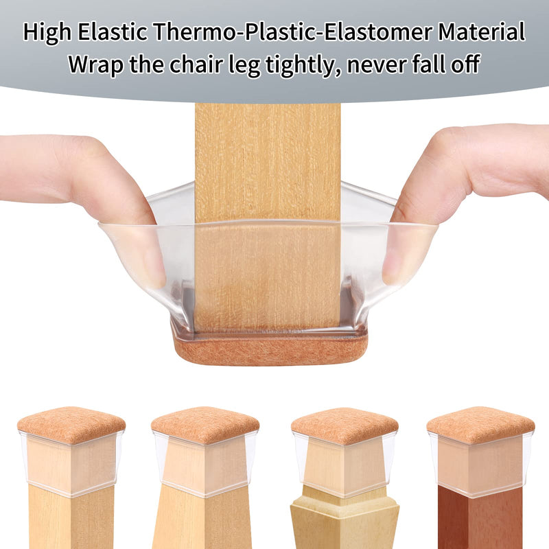 Ezprotekt 24 Pcs XL Square Clear Chair Leg Floor Protectors, Silicone Felt Furniture Pads Caps for Hardwood Floor, Dining Table Bar Stool Leg Protectors Leg Cups Covers (XL Fit: 1.5"-2") Clear-24pcs XL-Square
