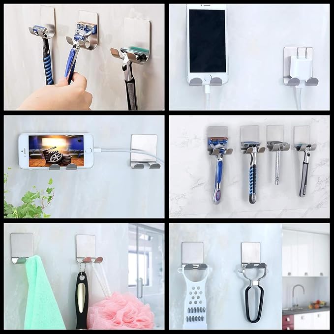 Leryati Razor Holder Shower, Pack of 2 Silver Razor Holder Shower No Drilling, Stainless Steel Razor Holder, Robust Self-Adhesive Razor Hanger Shower Suitable for Door Wall Bathroom Kitchen Silver × 2 - NewNest Australia