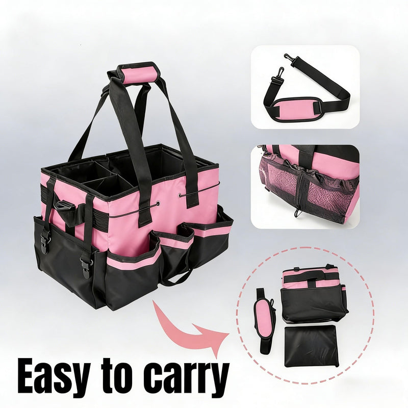 Tool Organizer Tote Bag, Pink and Black, Large Capacity with Adjustable Compartments, Portable Cleaning Storage Caddy, 14.96x10.63x9.06 Inches