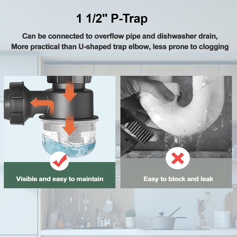 1-1/2 inch Kitchen Sink Drain Kit, space-saving kitchen drain with P-trap and extendable flexible hose (gourd overflow preventer) gourd overflow preventer Gray