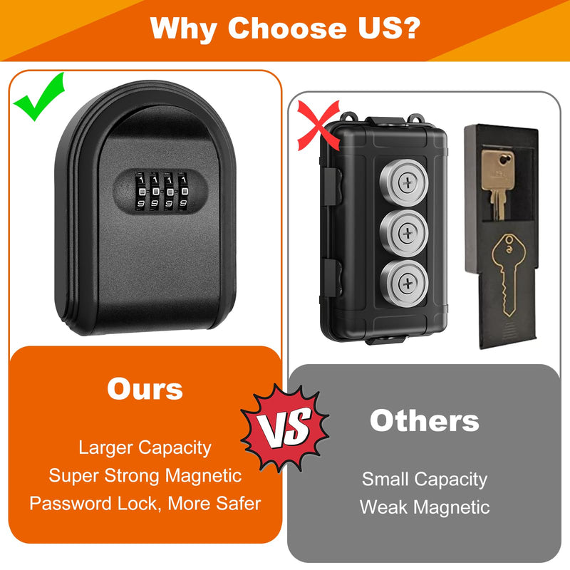 Magnetic Key Holder with Lock, Magnet Key Lock Box Hidden Under Car, Secure 4-Digit Combination with Resettable Code For for Indoor, Outdoor Store Car Key, Door Key (Black) Black
