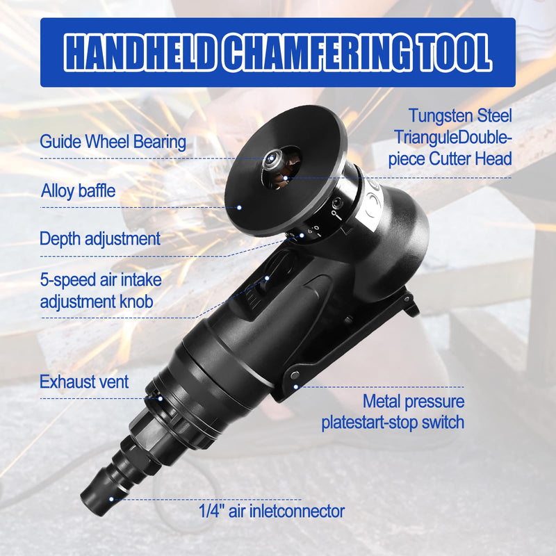 Pneumatic Chamfering Tool Handheld, Mini Air-Powered Chamfering Machine Trimming, 45° Arc Corner with 1/4 Inch Air Inlet for Metal Wood Beveling Deburring (C&R Angle Blades) C&r Angle Blades