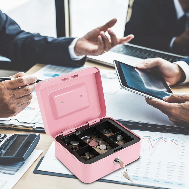 xydled Locking Steel Medium Cash Box with Removable Coin Tray and Key Lock,7.87"x 6.30"x 3.54",Pink Pink