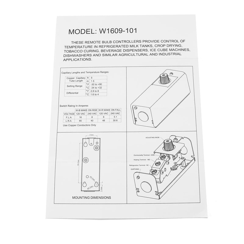 W1609-101 Refrigeration Thermostat Temperature Controller from -30 Degrees F to 90 Degrees F (-34 Degrees C to 32 Degrees C)