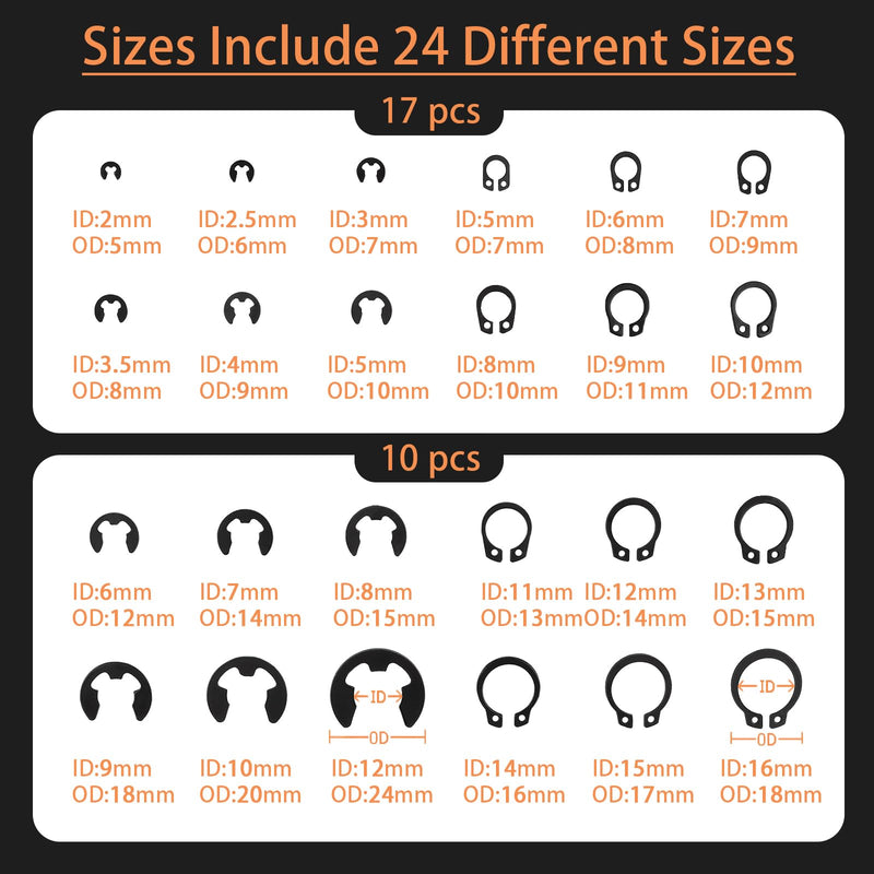 324pcs Carbon Steel Assortment Kit for Retaining Rings, 12 Sizes E-Clips and 12 Sizes C-Clips, Suitable for Fastening Jobs, High Compatibility and Wear Resistance