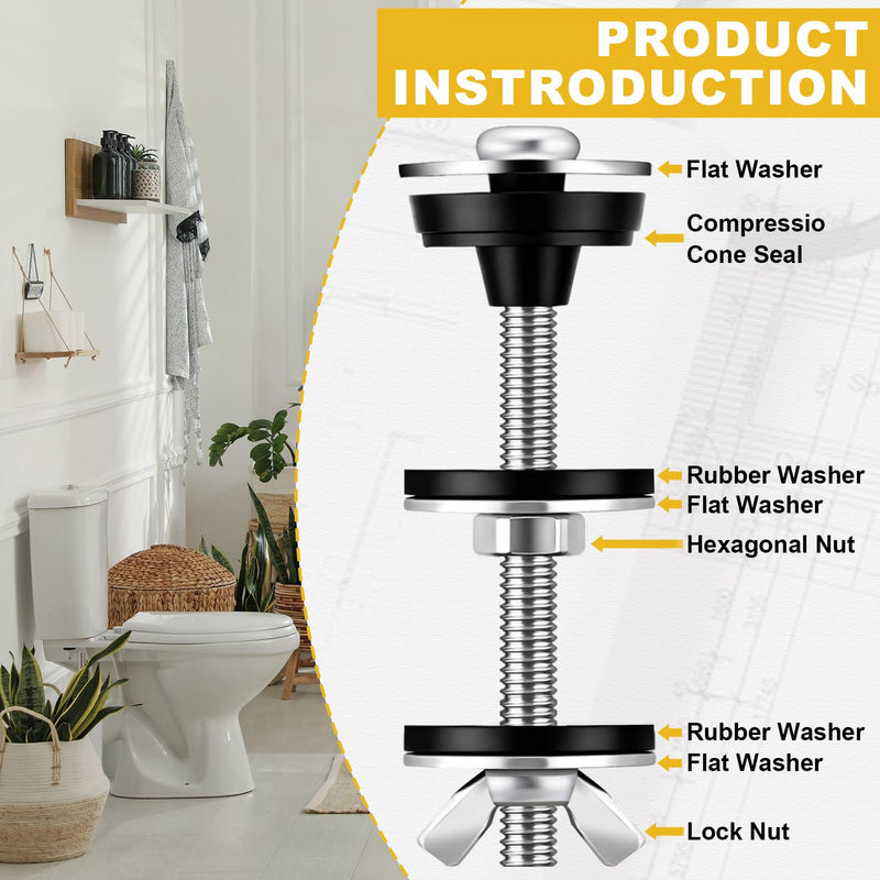 Hicarer 12 Pcs Universal Toilet Tank to Bowl Bolts Kit Bulk Heavy Duty Toilet Seat Screws Replacement Kit Waterproof Stainless Steel Rubber Washer Gaskets Extra Long Nut for Mounting Repair Fastening