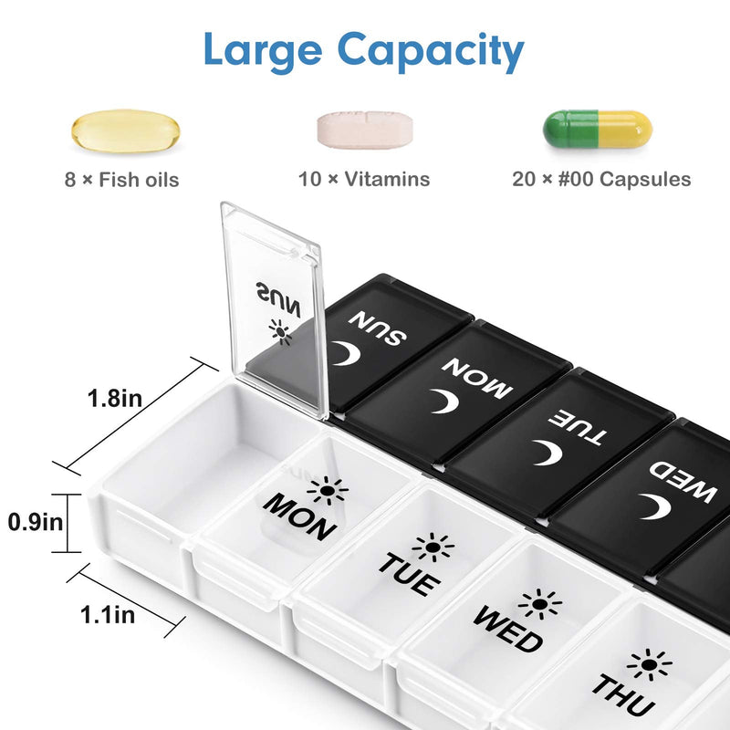 DANYING Large Pill Organizer 2 Times a Day, Weekly Box Per AM PM Case, Day Night Container 7 Vitamin Case Twice Black 1 Count (Pack of 1)