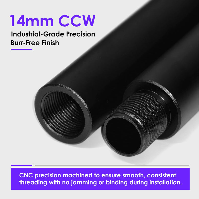 14mm CCW to 14mm CCW Aluminum Connector Tube Set (5-Pack) | CNC Machined 6061-T6 | 0.8″ / 1.6″ / 2.4″ / 3.9″ / 6.3″ Stackable Extension Tubes | M14x1 Left-Hand Thread | Outer Diameter 0.75” (19mm)