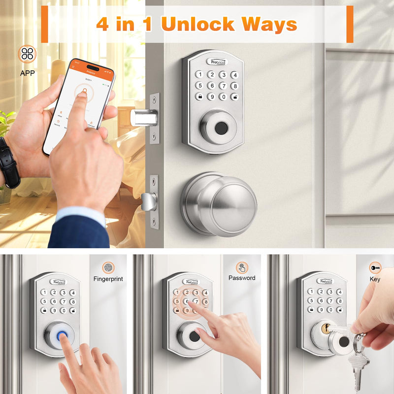 Probrico Smart Keyless Entry Door Lock with Knob Set, Fingerprint Digital Door Lock for Front Door, Door Knob with Electronic Keypad Deadbolt Lock, Auto Lock, App, Satin Nickel