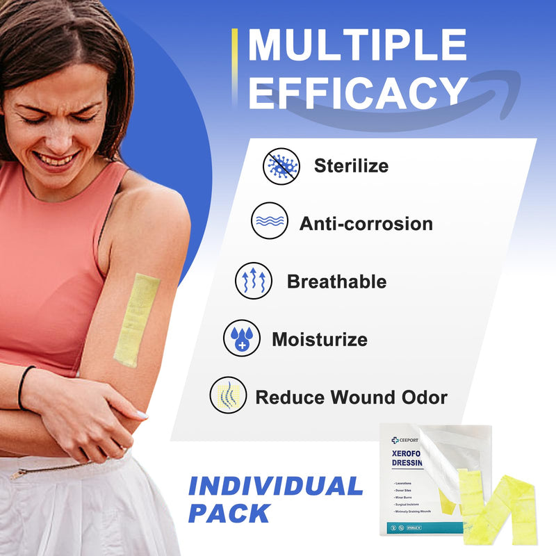Medical Xeroform Petrolatum Dressing 1"x8", 50 Individual Pack, Non-Adherent Gauze Pad Strip, Fine Mesh Gauze Patch Supplies for Wound Care, Burns, Lacerations, & Skin Grafts