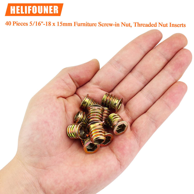 5/16-18 Threaded Inserts, Wood Inserts, Steel Threaded Inserts for Wood Furniture Screw, HELIFOUNER 40 Pieces 5/16”-18 x 15mm Threaded Inserts with Hex Wrench for Wood Furniture 5/16"-18 x 15mm