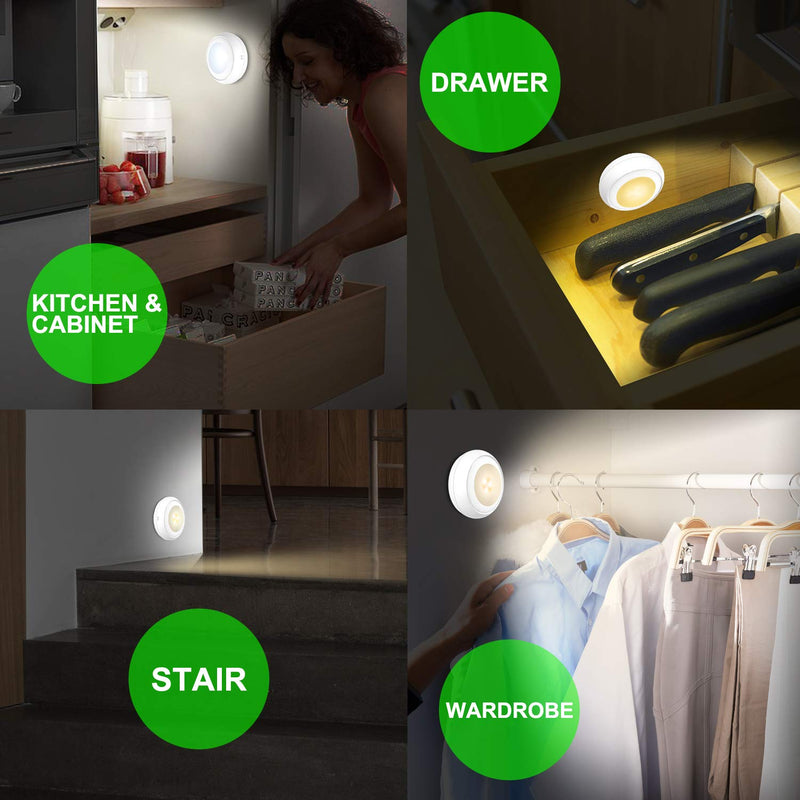 LUXSWAY Battery Powered Push Lights, Wireless Puck Lights, Dimmable Under Cabinet Lights with Nature/Warm/Cool Light, Remote Control Stick on Lights for Closet Cabinet Stair,Timer ON/OFF- 4Pack