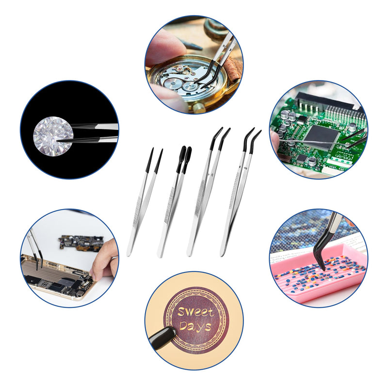 4 Pcs Tweezers with Rubber Tips Set - PVC Coated Precision Tweezers for Crafting, Jewelry, Electronics, and Lab Work