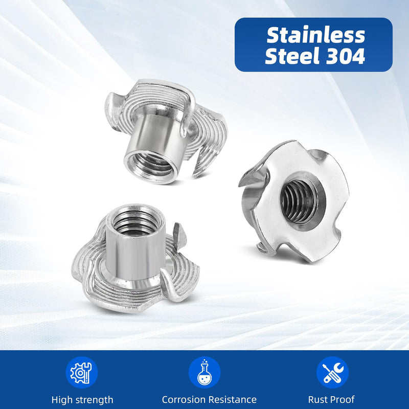 M8 T-Nuts, 304 Stainless Steel 4 Pronged Tee Nuts, Four-jaw Threaded Inserts for Rock Climbing Holds, Furniture, Cabinetry, Woodworking, Silver, 25 PCS M8