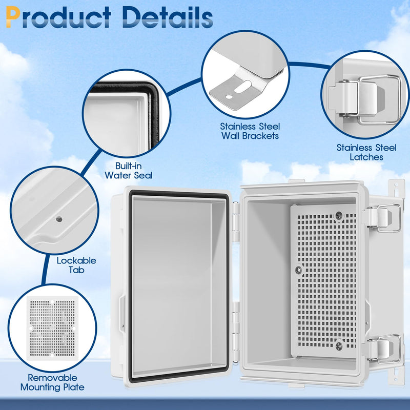 Waterproof Outdoor Project ABS Plastic Junction Box IP67 Weatherproof Dustproof Enclosure with Hinged Cover, Mounting Plate,Wall Brackets for Power Project (8.7"X6.7"X4.5") 8.7"X6.7"X4.5" Grey Cover