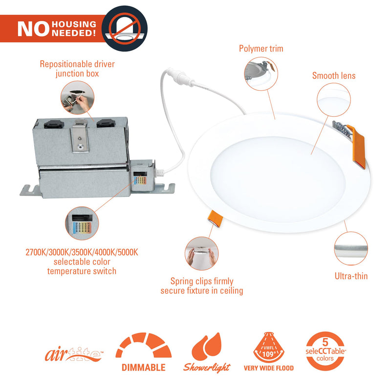 HALO HLBPH 6 inch Canless Recessed Downlight w/Remote Driver/Junction Box Integrated LED Kit Selectable 2700K, 3000K, 3500K, 4000K, 5000K CCT New Construction 6 inch White 5CCT