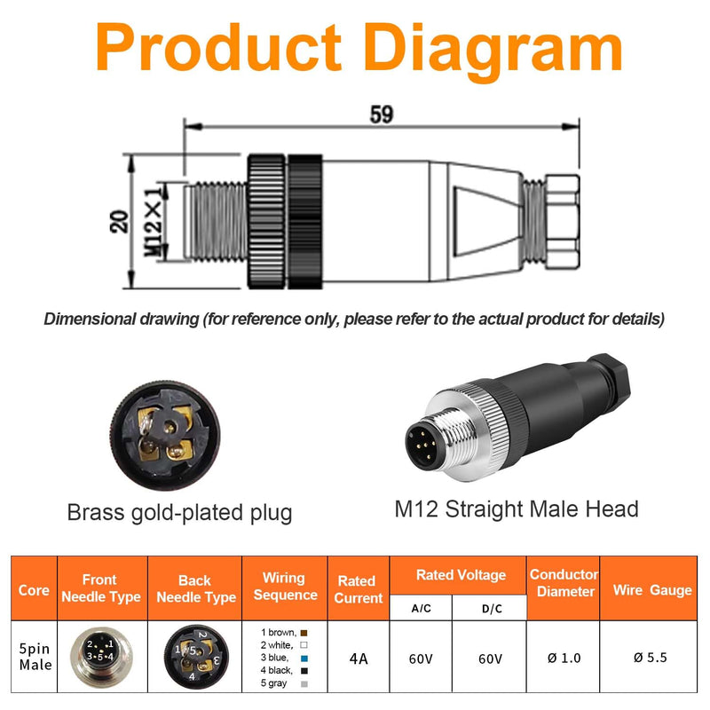 10Pcs M12 5-Pin Aviation Connector Male A Code, Industrial Field Assembly Plug 12mm IP67 Waterproof for Circular Socket Panel Sensor 5 Pins M12 Straight Male
