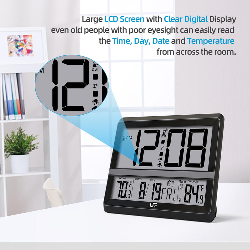 LFF Atomic Clock Large Display, Digital Wall Clock with Indoor Outdoor Temperature and Date, Wireless Outdoor Sensor, Digital Desk Alarm Clock Battery Operated for Bedroom, Easy to Read, Black