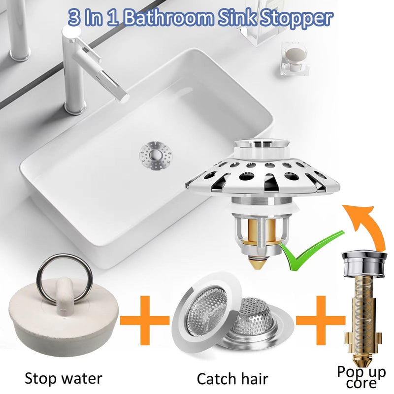 Bathroom Sink Stopper,Sink Hair Catcher,Bathroom Sink Drain Strainer Pop Up Drain Cover Plug,Universal for 1.1 to 1.65in Sink Drain Hole Bathroom Sink Stopper with Hair Catcher
