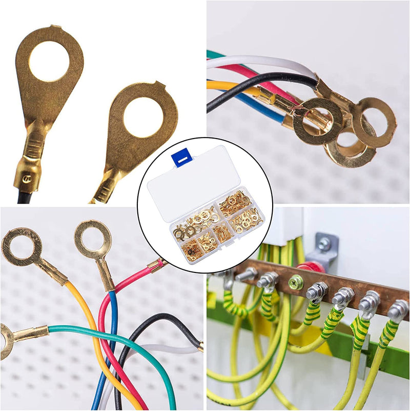 160 Pcs Copper Ring Terminals, M3/M4/M5/M6/M8/M10 Brass Wire Connectors, Open Barrel Wire Ring Cable Lugs Crimp Kit, Brass Copper Ring Crimp Cable Terminals Electrical Terminals Kit