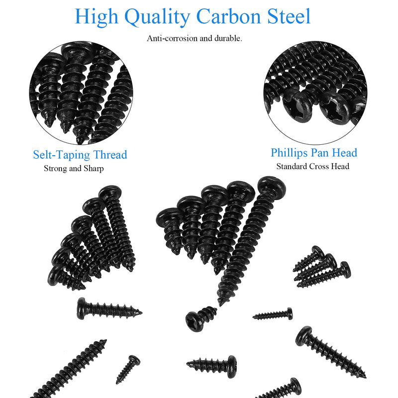 625pcs M2 M3 M4 Phillips Pan Head Self-Tapping Wood Screws,14 Sizes Cross Recessed Round Head Self Tapper Screws Assortment Kit for Wood,Plastic and Soft Metal,Black Carbon Steel,Sharp Point Black:625Pcs Pan Head M2-M3-M4