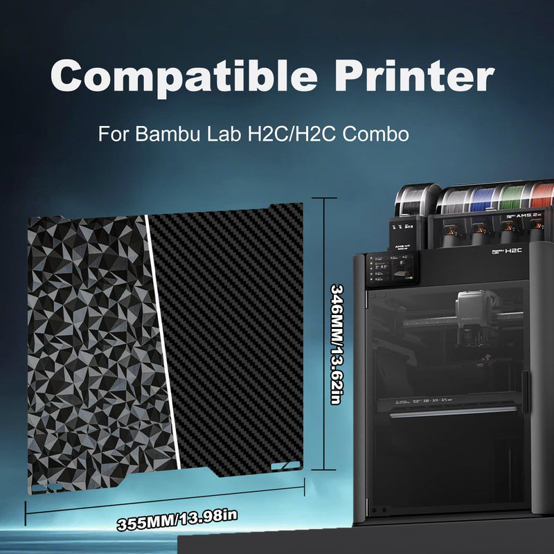 335x325mm 3D Printer Build Plate Smooth PEO+Smooth PET Spring Steel Sheet for Bambu Lab H2C/A2L Heated Bed (Carbon Fiber + Diamond Pattern) Smooth Diamond PEO+ Carbon Fiber PET 335x325mm