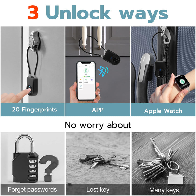Fingerprint Cable Lock, 3.6'' Long Shackle Fingerprint Lock with Bluetooth APP, Smart Keyless Biometric Waterproof Outdoor Smart Padlock for Gate Fence Locker Cabinet Gym Backyard Black 3.6'' Shackle