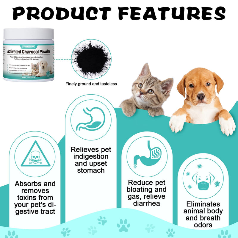 Activated Charcoal for Dogs, Cats, and All Pets, Charcoal for Dogs Poisoning, Digestive Upset and Gas Relief, Liver Support, Non-GMO, Gluten Free,3.53oz(Powder) N3.53oz